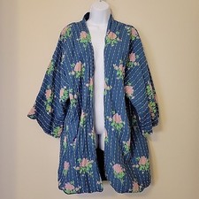 Earthbound Trading Co Floral Stripe Cotton Kimono Jacket Pockets Oversized XS/S