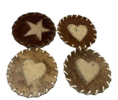Genuine Cow Hide Leather Coasters Set Of 4 Hearts & Star HideOn Brown/Tan Brazil