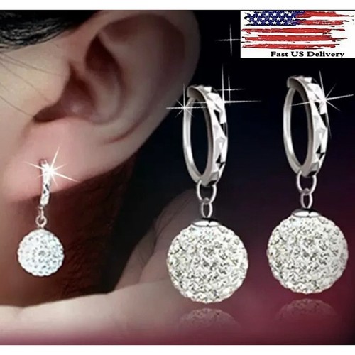 925 Sterling Silver Shambhala Disco Ball Elements Crystal Hoop Earrings A99