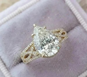 Authentic Wedding Band Ring 2 Ct Pear Lab Created Diamond 14K Yellow Gold Plated