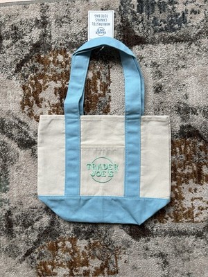 Trader Joe's Mini Pastel Canvas Tote Bag Blue Beige Foldable Reusable