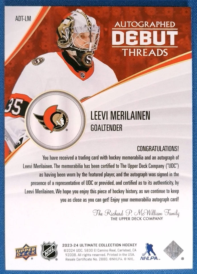2023-24 Ultimate Leevi Merilainen Debut Threads Patch Auto 56/99 Senators (RC) - Image 2 of 2