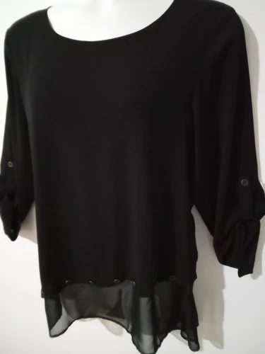 NWT Simply Noelle Women's XXL 16/18 Black Shirt Sheer Hem Roll Tab Sleeve Blouse