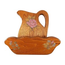 Vintage Pitcher Wall Pocket Letter Holder Wood With Rose Floral Decals 11" Tall