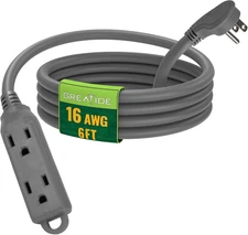 6 Ft Flat Plug Extension Cord，16/3 SJT Indoor Low Profile 3 Outlets Extension Ca