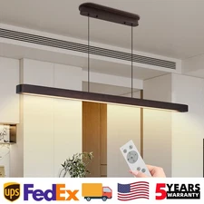 51" Wood LED Pendant Light Linear Ceiling Chandelier Fixture 3CCT with Remote UL