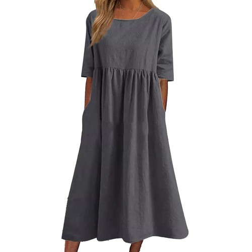 Womens Short sleeved Cotton linen Dress Loose Fit Round neck Pocket pleated - Picture 2 of 8