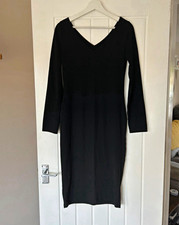 SHEIN Black Ribbed Knit Bodycon Knee Dress - V-Neck Long Sleeve Size M