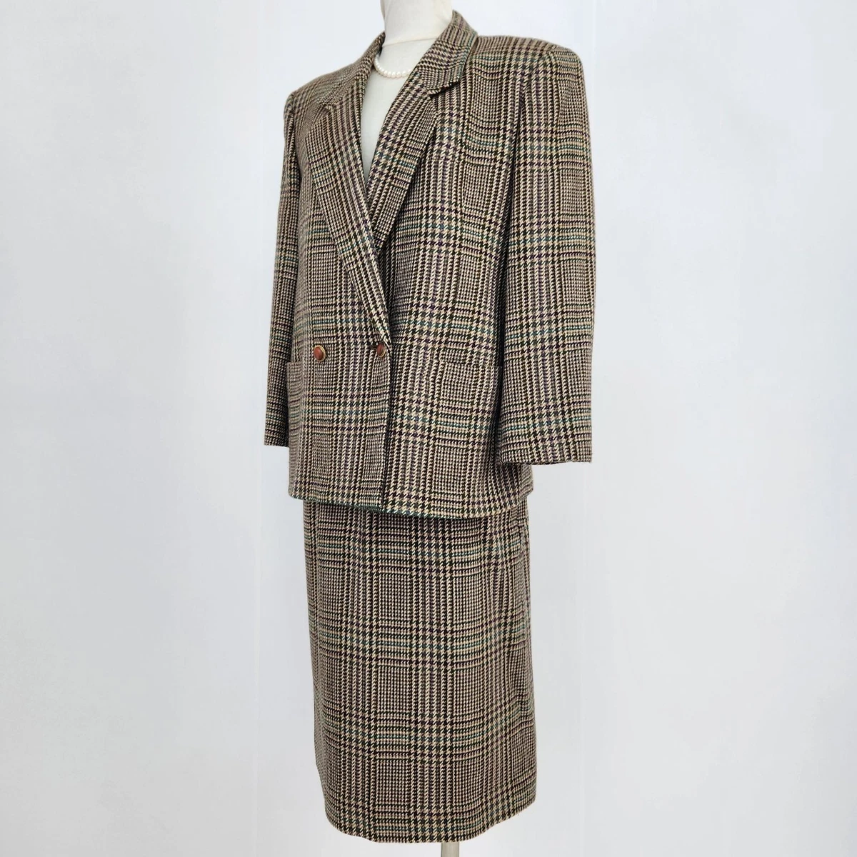 Conjunto de traje de lana a cuadros vintage de Burberrys marrón blanco etiqueta talla M W4540