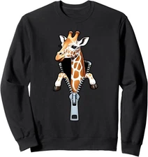 Cute Giraffe Emerging from Zipper Funny Animal Unisex Crewneck Sweatshirt