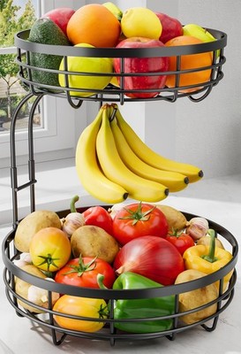 Fruit Basket for Kitchen Counter - 2-Tier Large Capacity Fruit Bowl with Deta...