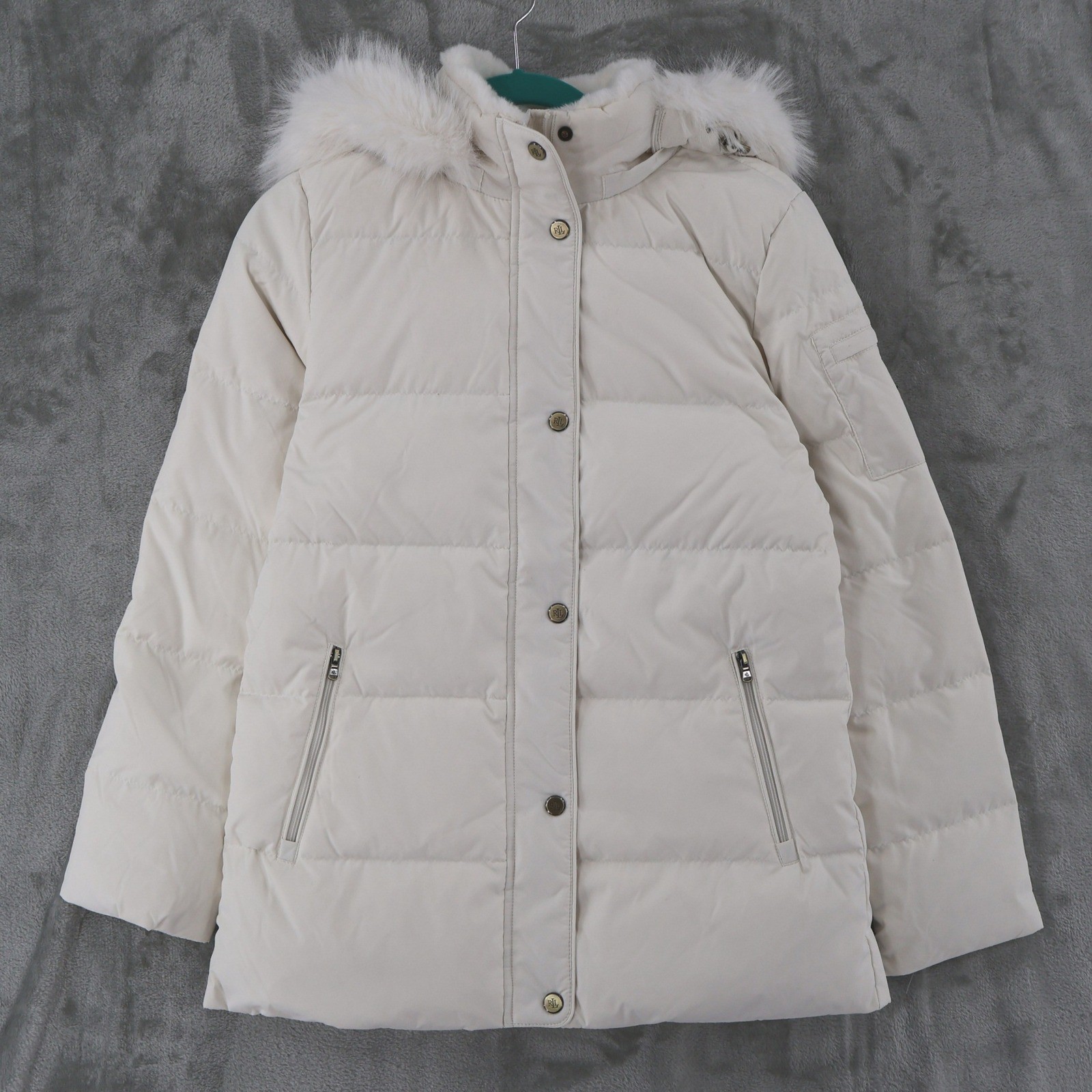 Lauren Ralph Lauren Faux Fur Down Puffer Jacket Women XS White Hooded Coat NWOT