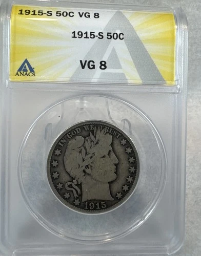 1915 S Barber Half Dollar, VG 8, Silver 50c, Free Shipping
