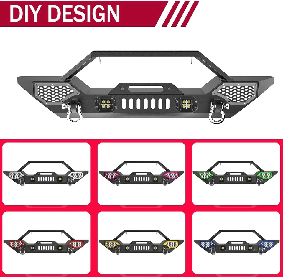 Front Bumper for 2007-2018 Jeep Wrangler JK/JKU, LED Lights & D-Rings,Heavy-Duty Foto 2 de 4