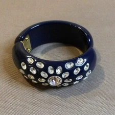 Edie Parker Chunky Navy Blue Hinge Cuff Bracelet Clear Rhinestones FREE SHIPPING