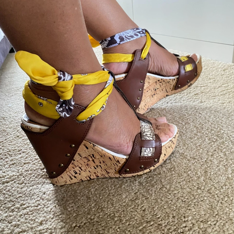 Sandalia de mujer Miss Sixty NORA marrón amarillo tacón de cuña talla 8 (EU 38) Y2K Foto 2 de 4