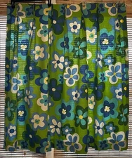 Pair 1970’s SEARS Perma-Prest Curtians Flower Power Blue & Green Groovy Pleated