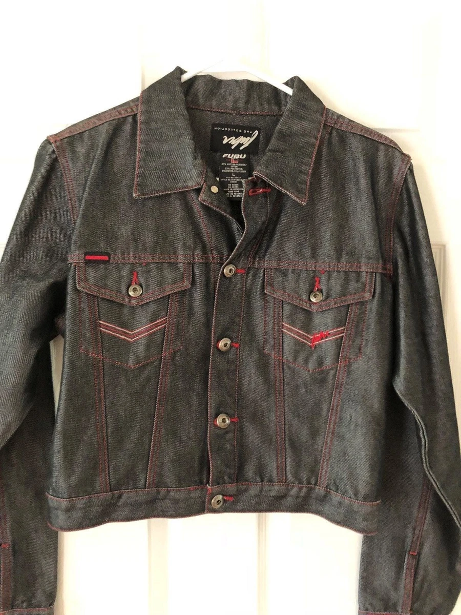 Black denim jacket on sale with red stitching