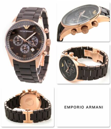 MONTRE HOMME EMPORIO ARMANI AUTHENTIQUE NEUVE AR5890 BRACELET SILICONE MARRON & OR ROSE - Photo 1/3