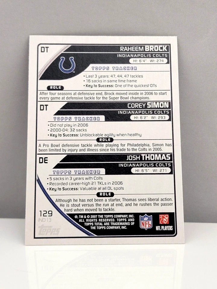 2007 Topps Total Football Card #129 Josh Thomas Corey Simon Raheem Brock Colts - Image 2 of 2