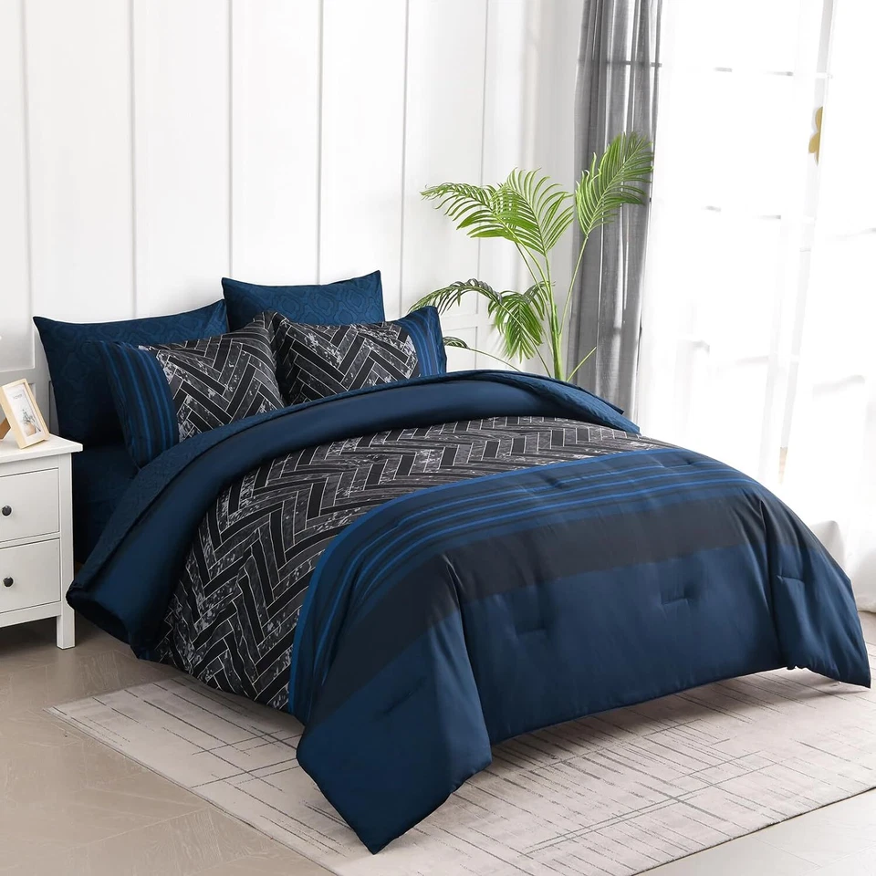 Juego de edredón azul marino tamaño king, 7 piezas cama geométrica a rayas en bolsa, suave Foto 2 de 4