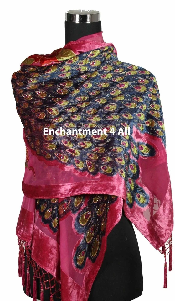 Xale oblongo feito à mão deslumbrante frisado 100% seda veludo pavão envoltório, rosa quente - Imagem 2 de 4