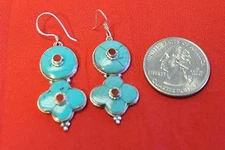 D18 HAND MADE TIBETAN STERLING SILVER .925 EARRING TURQUOISE MADE IN NEPAL