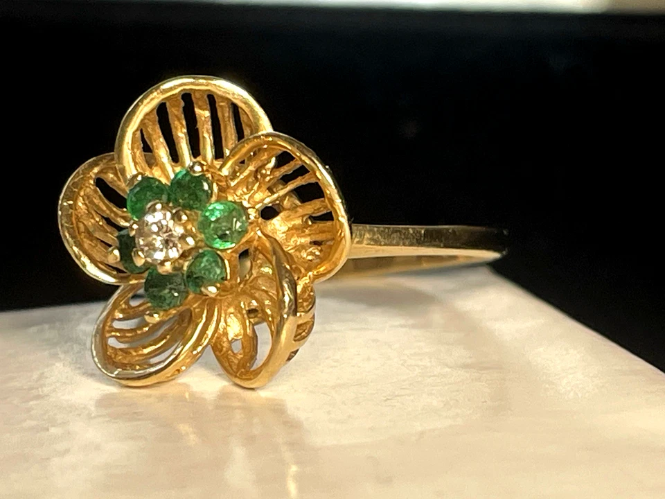 ANILLO ORO 14K VERDE ESMERALDA Y DIAMANTES PIEDRAS PRECIOSAS NATURALES FLORALES Foto 3 de 4