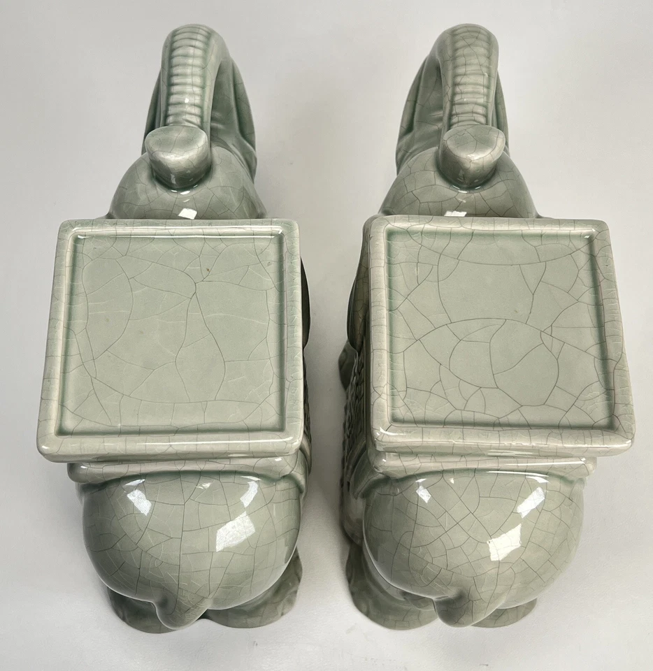 Par de suportes de plantas de elefante celadon porcelana Hollywood Regency década de 1950 Chinoiserie - Imagem 4 de 4