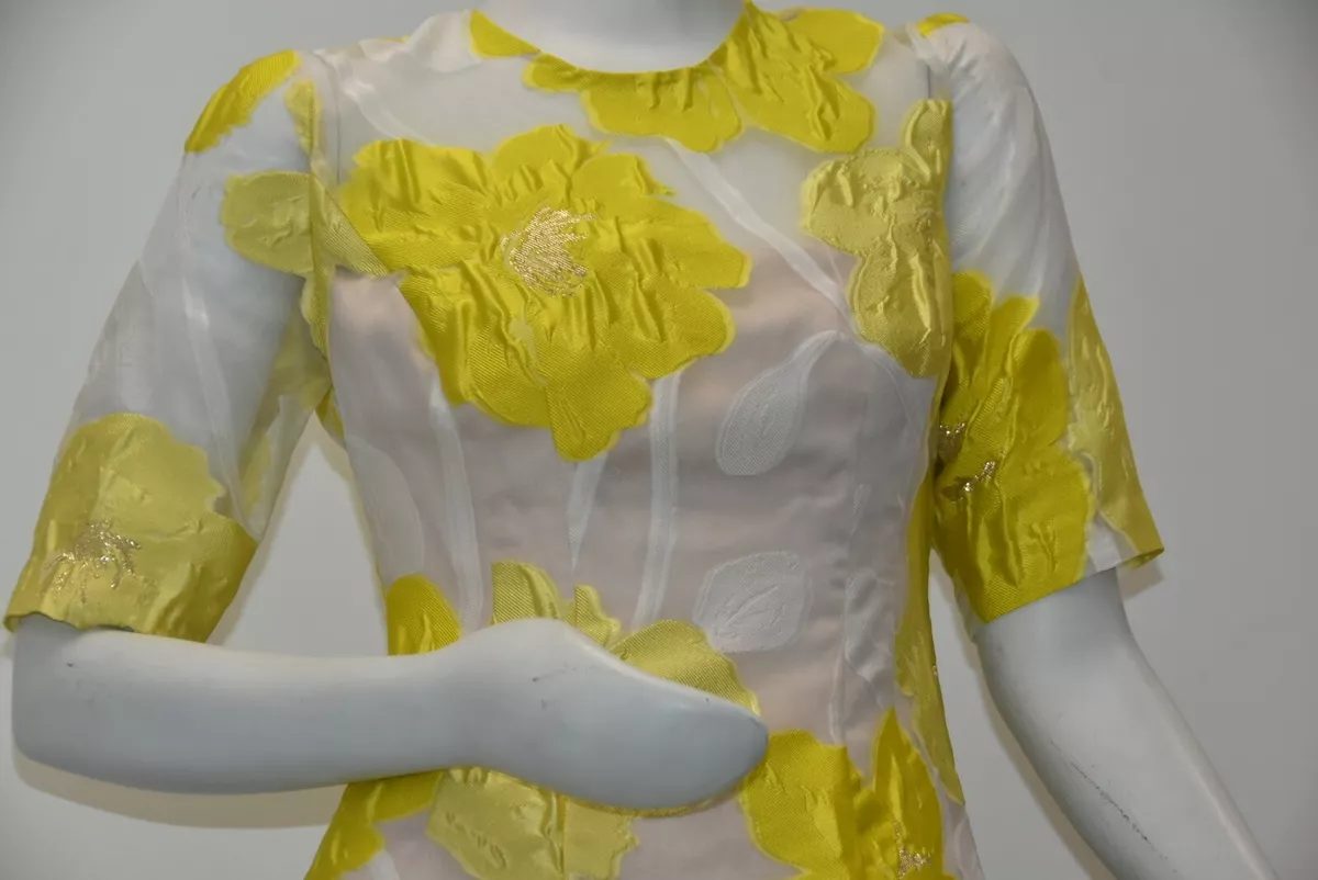 3990 NEW Lela Rose Holly Elbow Sleeve Gown Dress Yellow Flower FIL COUPE 0 2 4