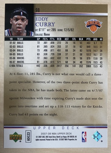 EDDY CURRY - 2007-08 Upper Deck ELECTRIC COURT GOLD #98 - NEW YORK KNICKS - Picture 2 of 2