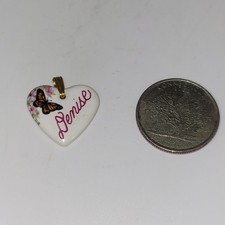 Denise Heart Shaped Kiln Fired Porcelain Metal Bail Pendant  Butterfly graphic