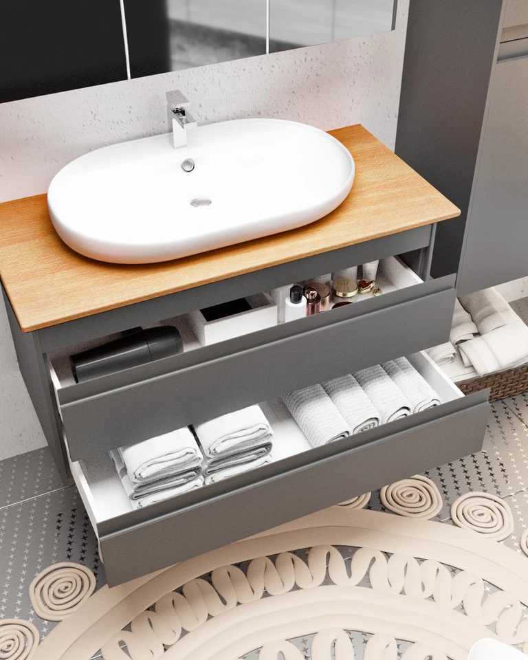 Badmöbel Set Unterschrank 80 100 Cm Bad Schrank Badezimmer Waschtisch Matt Holz - Bild 3 von 4