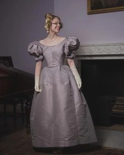 Victorian Wedding Dress Vintage Strapless Bubble Sleeve Grey Satin Medieval