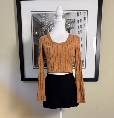 Women s Rust Orange Ribbed Crop Top Long Sleeve Flare Sleeve Fitted Size L 