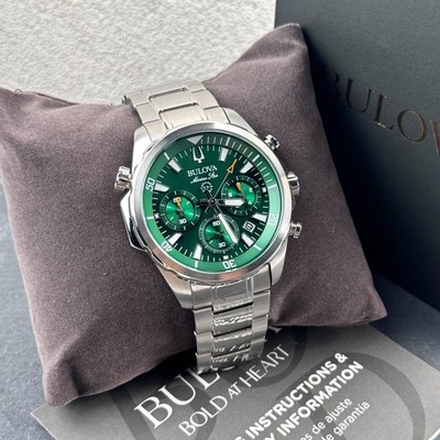 Bulova Men's Marine Star Green Dial Stainless Steel Chronograph Watch 96B396