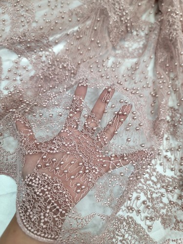 Dusty Rose Beaded Lace Bridal Fabric By The Yard Embroidery Pearls Scalloped Pro - Picture 4 of 12