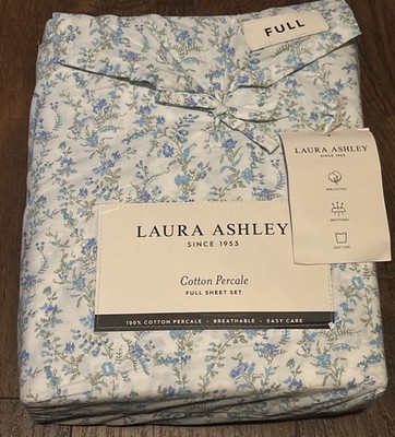 Laura Ashley Full Sheet Set Floral Blue Green Cotton Percale 4pc Cottage
