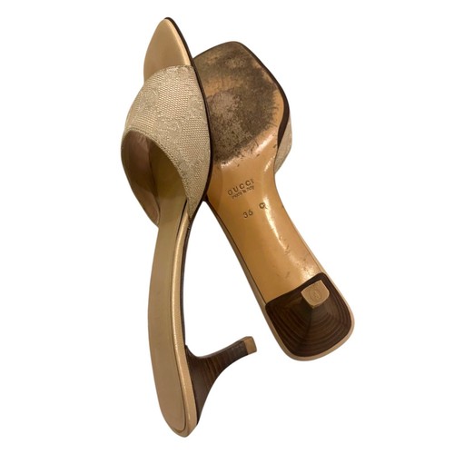 GUCCI Beige Canvas GG Monogram Kitten Heel Slide Sandals, Size 36 C - Picture 4 of 5