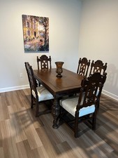 Antique Jacobean Revival Oak Dining Table with Carved Chairs — listing 6
