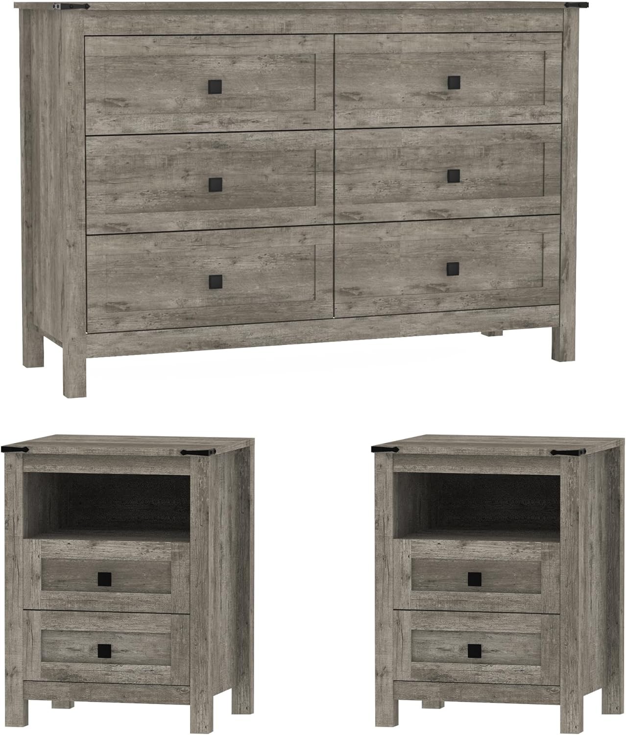 Farmhouse 6-Drawer Dresser with 2 Nightstands, Wide Storage Bedroom Set