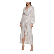 GUESS Ivory Zippered Belted Tulip Skirt V-back Long Sleeve Surplice Neck Maxi 16