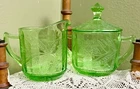 Jeanette Green Uranium Glass Floral Poinsettia Sugar And Creamer Set *Glower!!