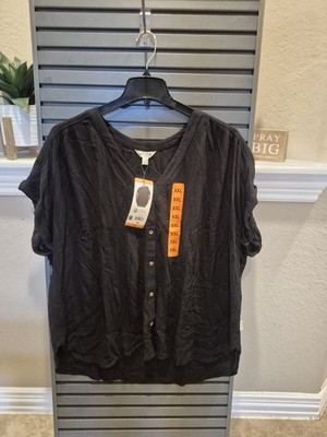 Women' Top Casual Shirt Orvis Button Cap Sleeve Blouse  Black Lightweight Sz XXL