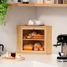 2 Tier Corner Bread Bin, Bamboo Double Layer Kitchen Storage Box w/ Clear Window