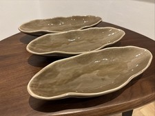 3x Long Irregular Shaped Starter Plate Handmade Ceramic Dish 30cm Brown