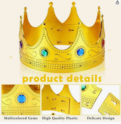 6King Crowns for Men Kids Gold Royal Jeweled Plastic Crown for King Queen Prince