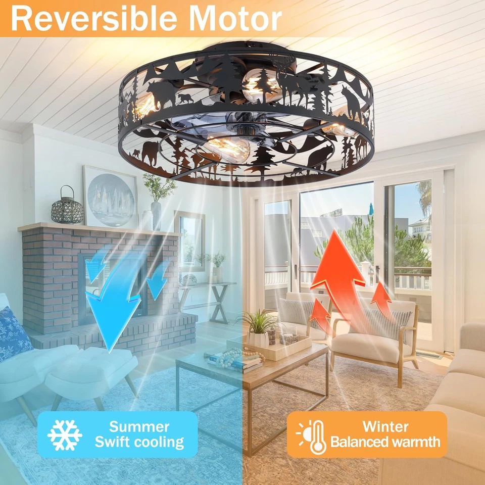 Farmhouse Rustic Ceiling Fan with Light - Bear Deer Design, 6 Speeds Black Caged - Image 4 of 4