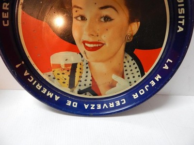 1940-50s VINTAGE MEXICAN CARTA BLANCA BEER TRAY -  PRETTY GIRL  - NiCE COND!
