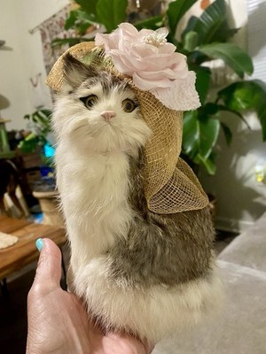Genuine Rabbit Fur Cat Figurine Wearing  a Fancy Hat 9'' tall excellent condition
